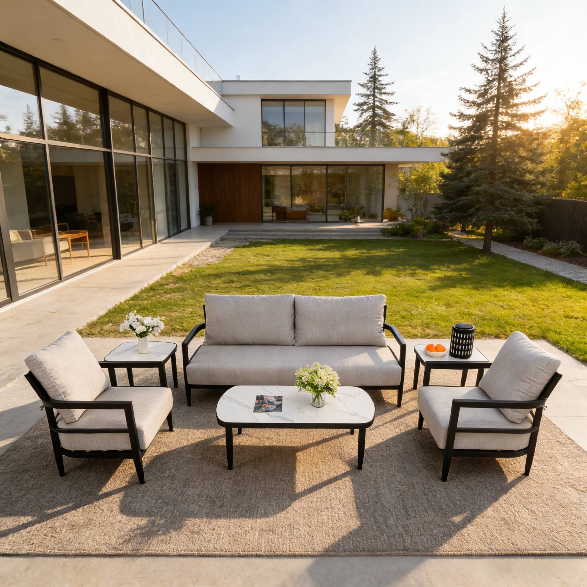 Left. Mondawe - 6-Piece Outdoor Conversation Set with Fully Weld Club Chairs, Bench Sofa, Marble-Inspired Tables and Sunbrella Cushions - Ember Black+Grey.