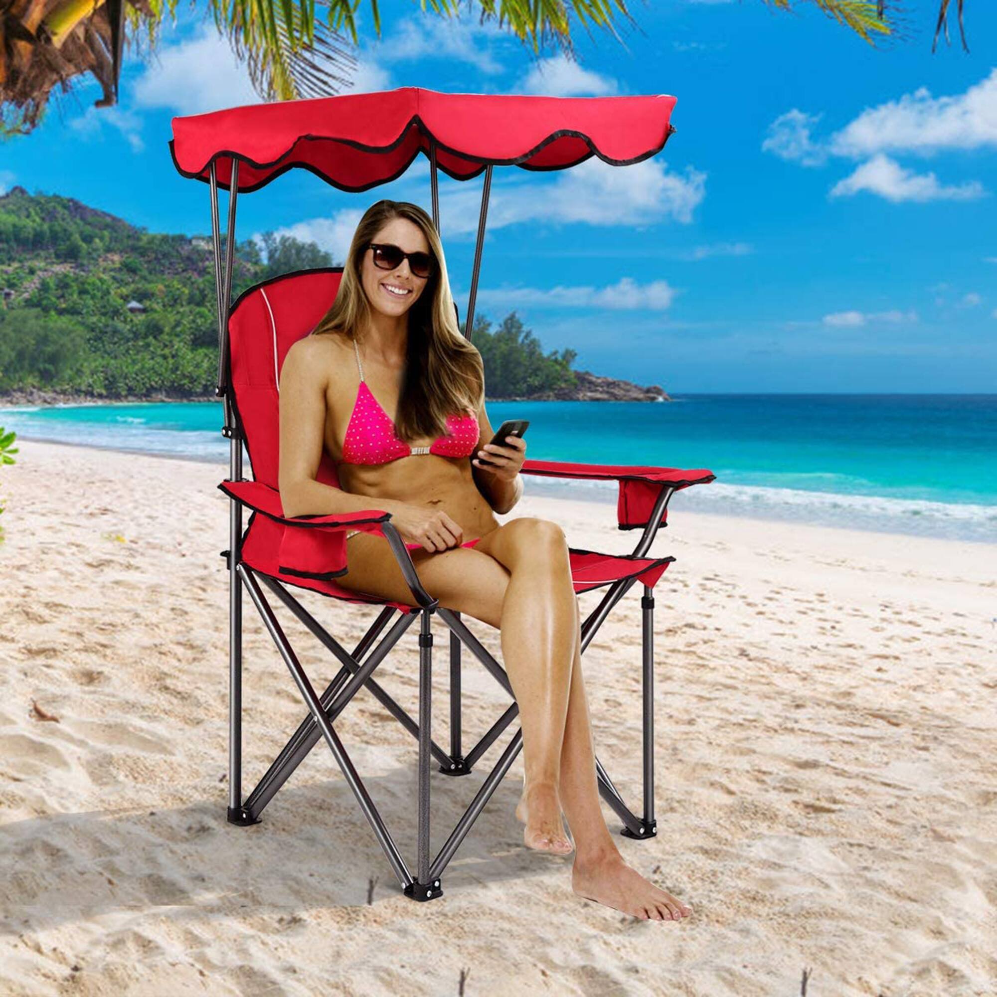 Alt View 3. Gymax - Gymax Folding Canopy Camping Chair Portable Beach Chair w/ Carrying Bag Red - Red.