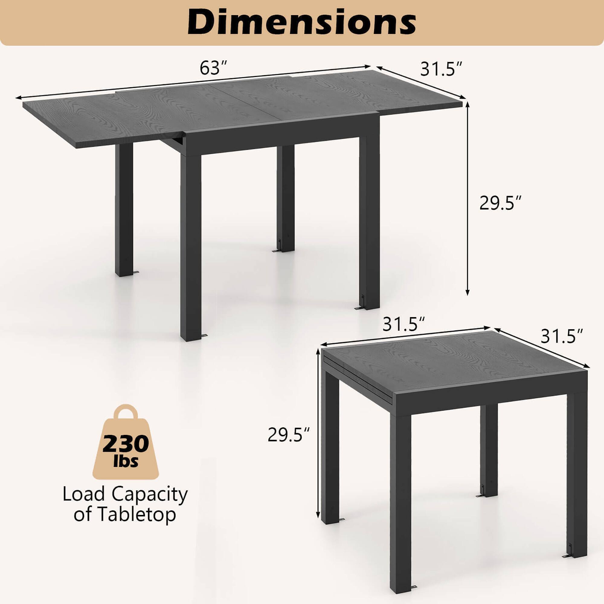 Dimensions:  
- Length: 63"  
- Width: 31.5"  
- Height: 29.5"  
- Depth: 31.5"  

Load Capacity of Tabletop: 230 lbs