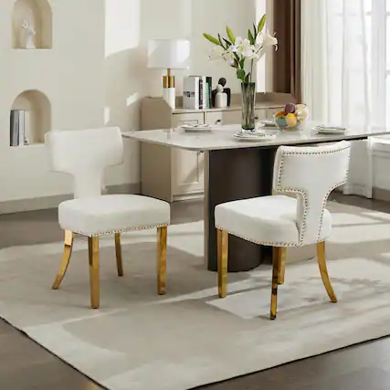 Front. GOODSILO - Modern Upholstered Dining Chairs Set of 2 with Curved Backrest and Stainless Steel Legs - Beige.