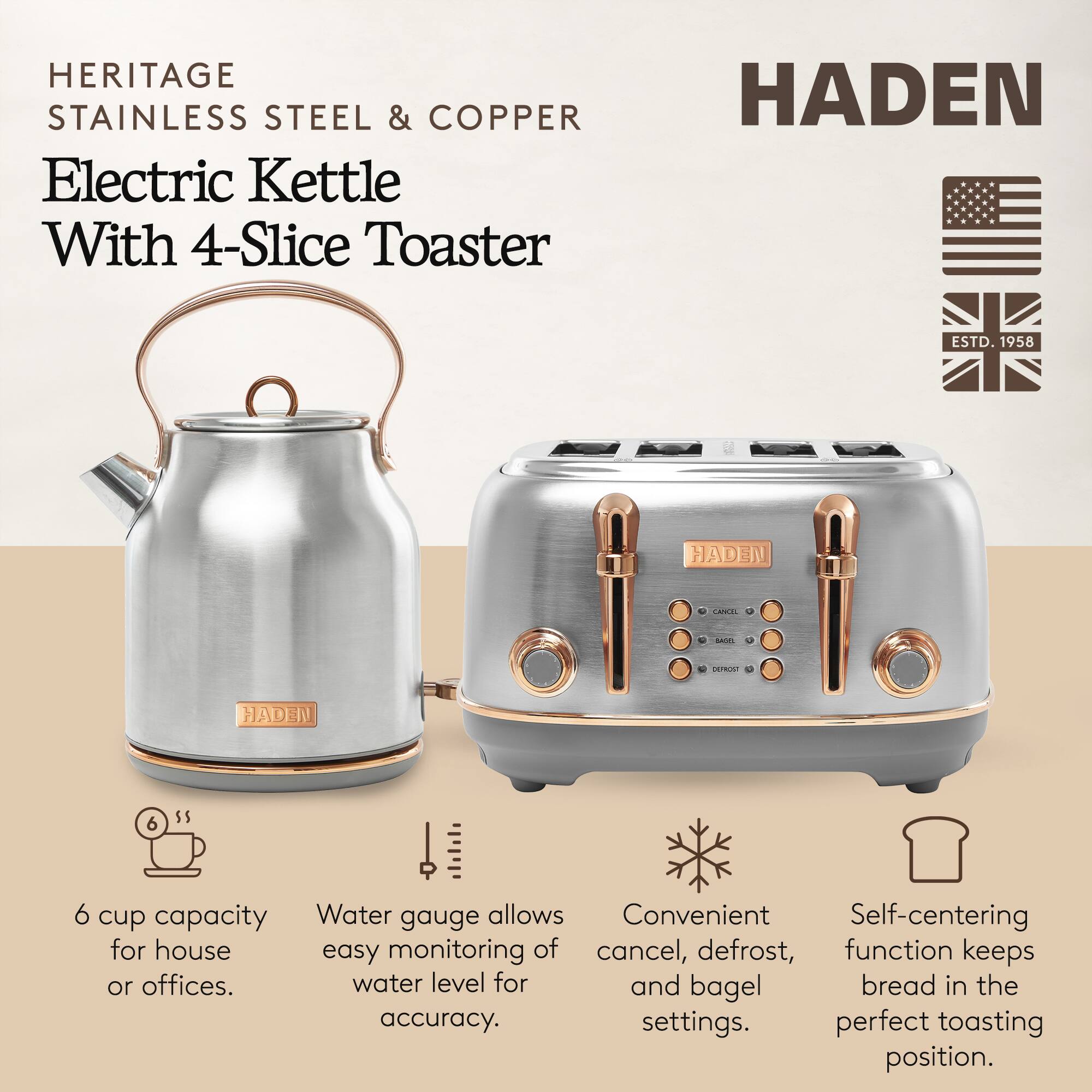 HERITAGE STAINLESS STEEL & COPPER  
Electric Kettle With 4-Slice Toaster  

HADEN  

6 cup capacity for house or offices.  
Water gauge allows easy monitoring of water level for accuracy.  
Convenient cancel, defrost, and bagel settings.  
Self-centering function keeps bread in the perfect toasting position.  

ESTD 1958
