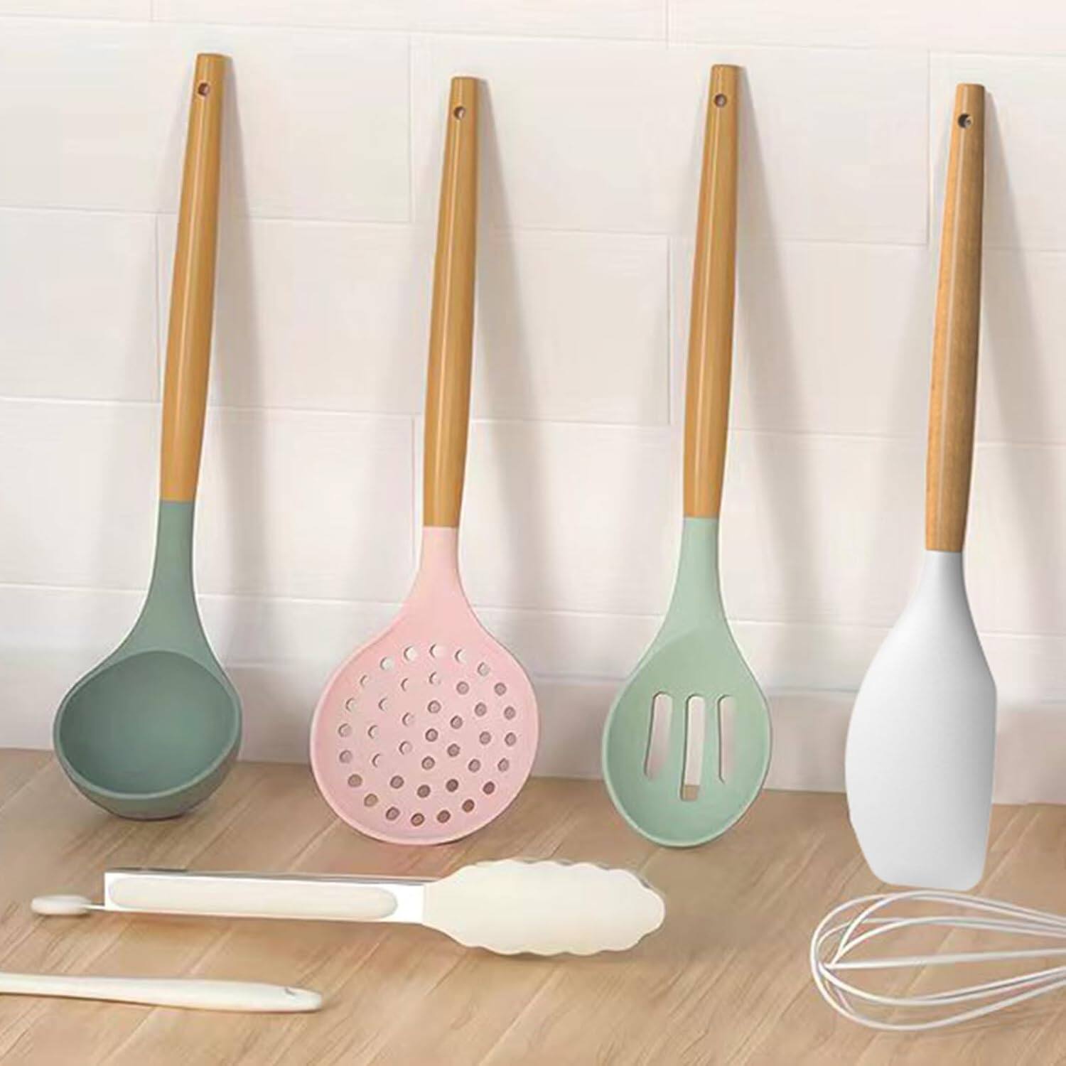Alt View 3. Schertz - Colorful Silicone Cooking Utensil Set with Wooden Handles and Holder – Heat Resistant to 446°F, BPA-Free, Safe for Non-S - Colorful.
