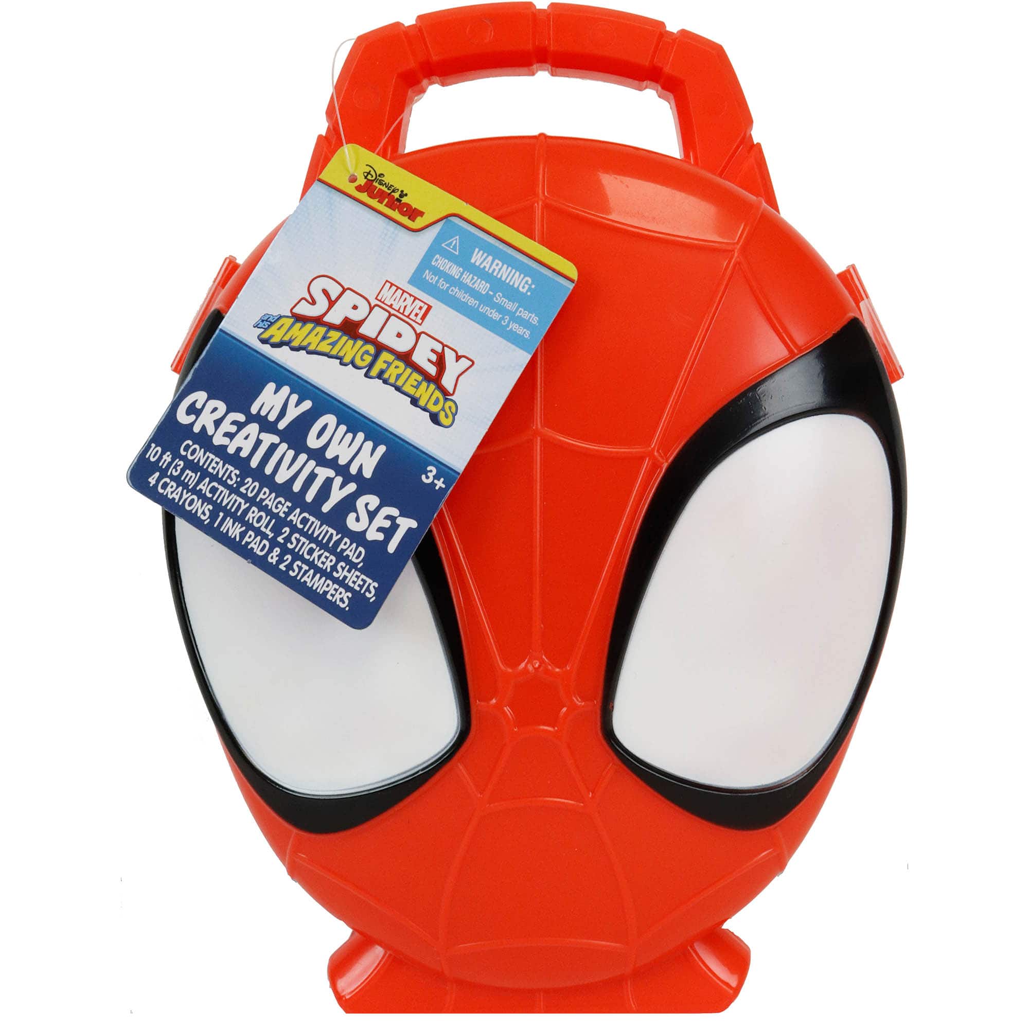 The image features a red Spiderman container with a tag attached to it. The tag reads "My Own Creativity Set," which suggests that the container is meant for children to use and enjoy. The container is filled with various items, including crayons, an activity page, a roll of ink pads, two sticker pads, stampers, and sheets. These items are likely intended for children to use for creative and fun activities.