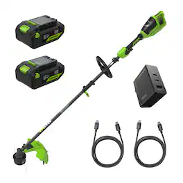 Greenworks - 48V (24V x 2) 16" Brushless String Trimmer, 0.095" Dual Line, (2) 4.0Ah Batteries, 100W Type-C Charger