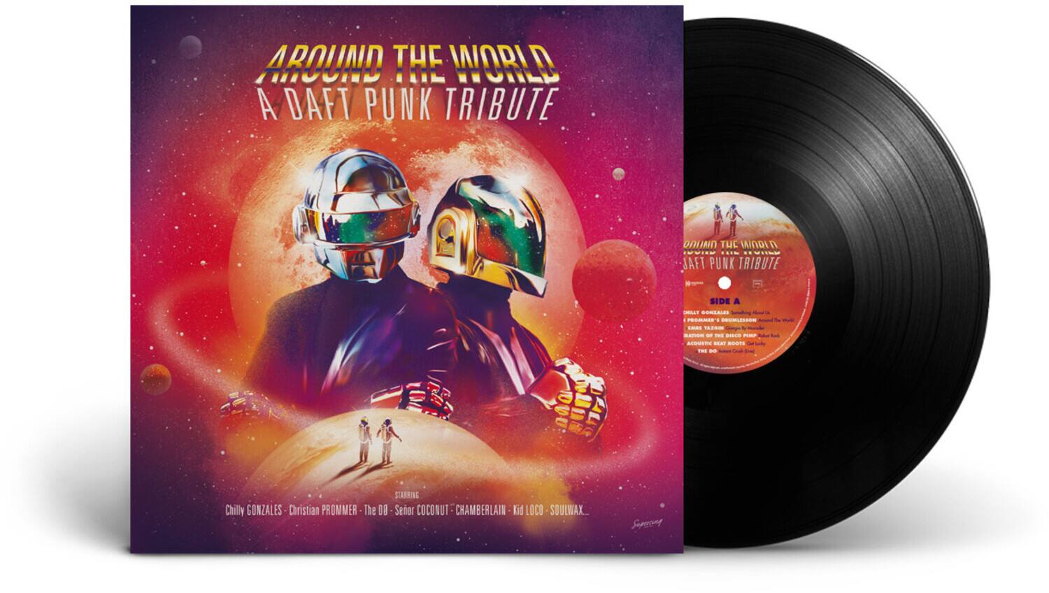 **AROUND THE WORLD**  
A DAFT PUNK TRIBUTE  

**SIDE A**  
1. IMILLT SONLALES  
2. L PESRIS  
3. DRUMLESSON  
4. T LMEE TA1.5Om  
5. SANON  

**SIDE B**  
1. ma atce  
2. PLMP  
3. ACOUETC  
4. BEAR ROOTS  
5. TH DO  
6. STARRING  

**FEATURING**  
Chilly GONZALES  
Christian PROMMER  
The D8  
Seor COCONUT  
CHAMBERLAIN  
Kid LOCO  
SOULWAX  
Sepercing  

**LOCO - SOULWAX**