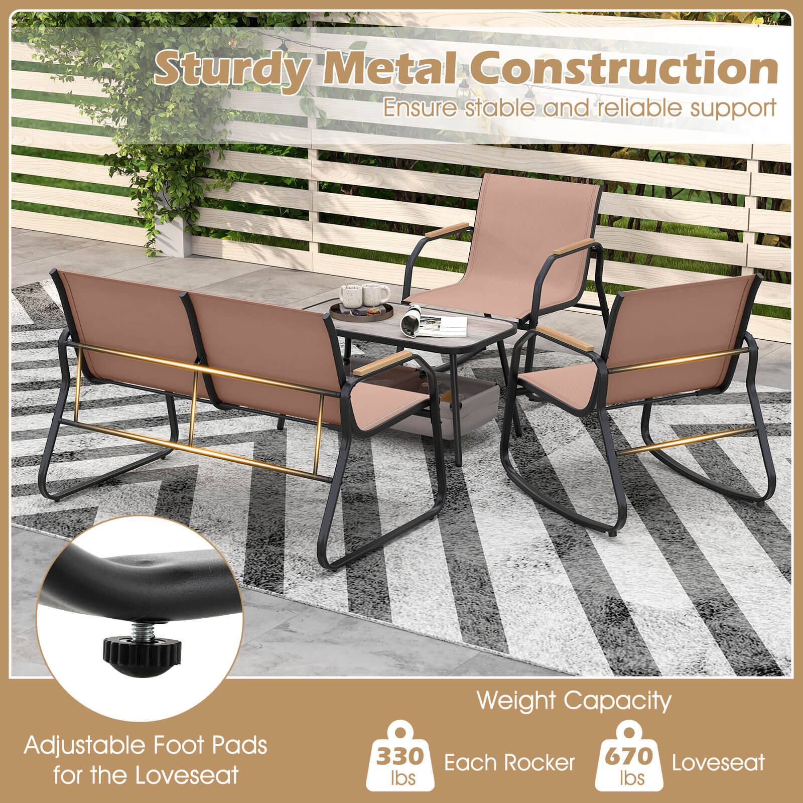 Sturdy Metal Construction  
Ensure stable and reliable support  

Adjustable Foot Pads for the Loveseat  

Weight Capacity  
330 lbs Each Rocker  
670 lbs Loveseat