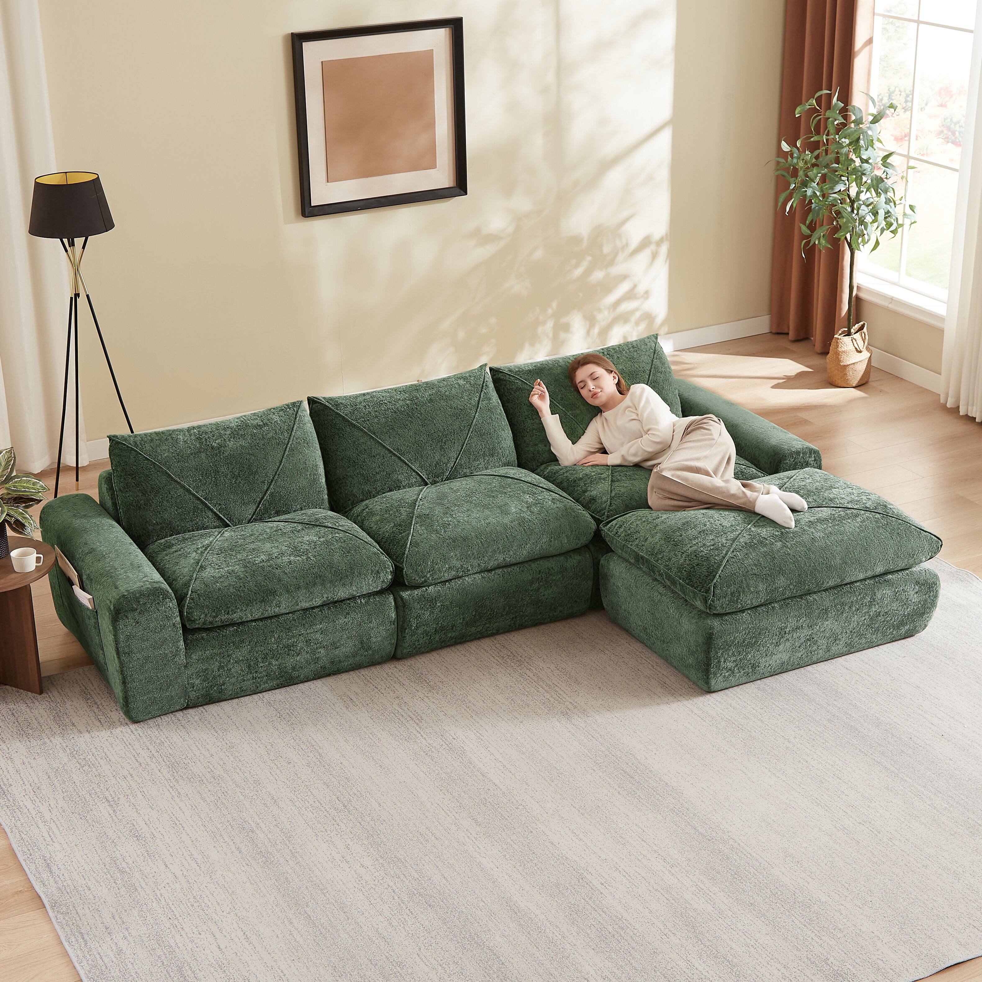 Alt View 1. Loheer - Loheer Chenille Sectional Sofa with Ottoman Modern Minimalist Couch Spacious Living Room Furniture - Green.