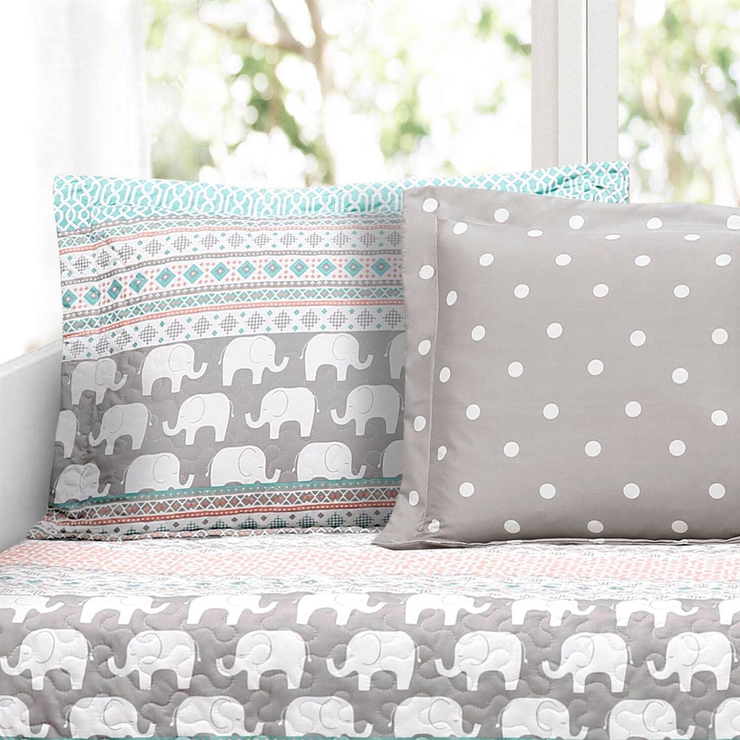 Left. Hivvago - Turquoise Pink Grey Lightweight 6 Piece Elephant Pattern Daybed Cover Quilt Set - Turquoise Pink Grey.