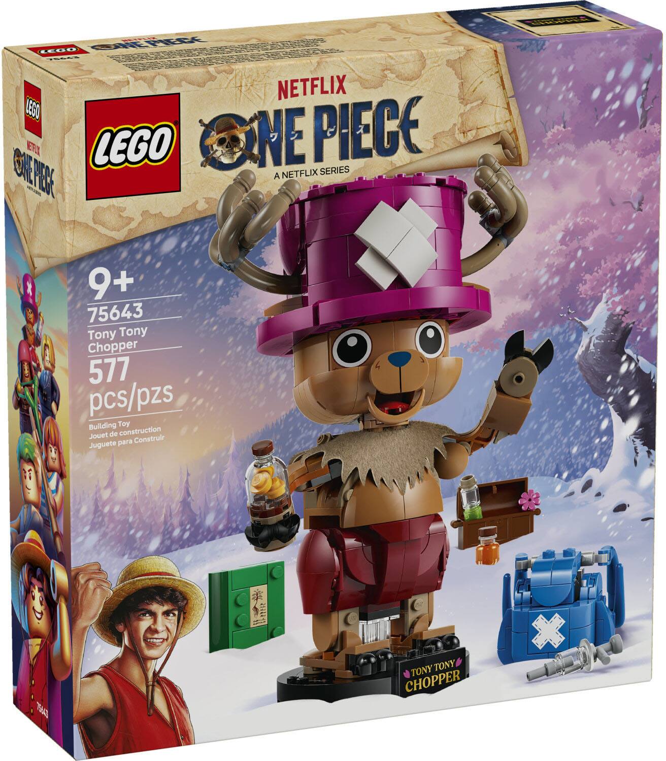 NETFLIX LEGO ONE PIECE  
A NETFLIX SERIES  

LEGO  
9+  
75643  
Tony Tony Chopper  
577 pcs/pzs  

Building Toy  
Jouet de construction  
Juguete para Construir  

TONY TONY CHOPPER