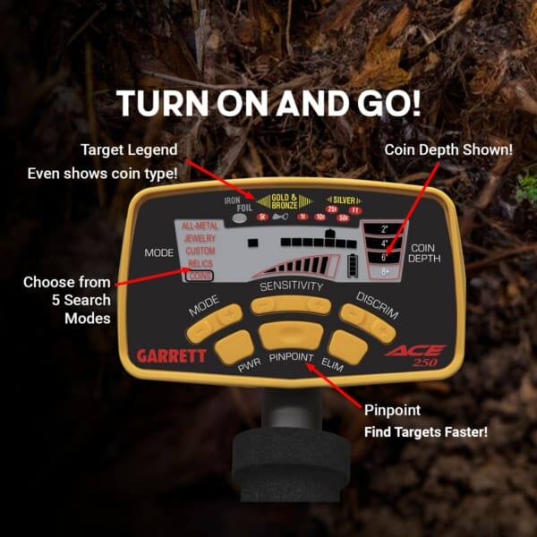 Sure, here is the corrected and grouped text from the image:

---

**TURN ON AND GO!**

- **Target Legend**
  - Even shows coin type!

- **Coin Depth Shown!**

- **IRON GOLD & SILVER A FOIL BRONZE**

- **25 i S 10g 50**

- **ALL-METAL 2 JEWELRY 4 CUSTOM COIN MODE 6 DEPTH RELICS COMS 8+**

- **Choose from 5 Search Modes**

- **GARRETT PINPOINT ACE PWR ELIM 250**

- **Pinpoint Find Targets Faster!**

- **SENSITIVITY 5**

- **Search MODE DISCRIM**

- **MODE**

- **COIN DEPTH**

- **GARRETT**

- **ACE 250**

---