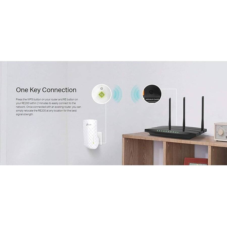 One Key Connection

Press the WPS button on your router and RE button on your RE200 within 2 minutes to easily connect to the network. Once connected with an existing router, you can simply relocate the RE200 at any location for the best signal strength.