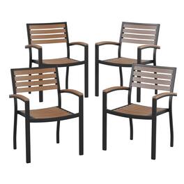 Emma + Oliver - Set of 4 Stackable All-Weather Aluminum Patio Chairs with Faux Slats - Teak
