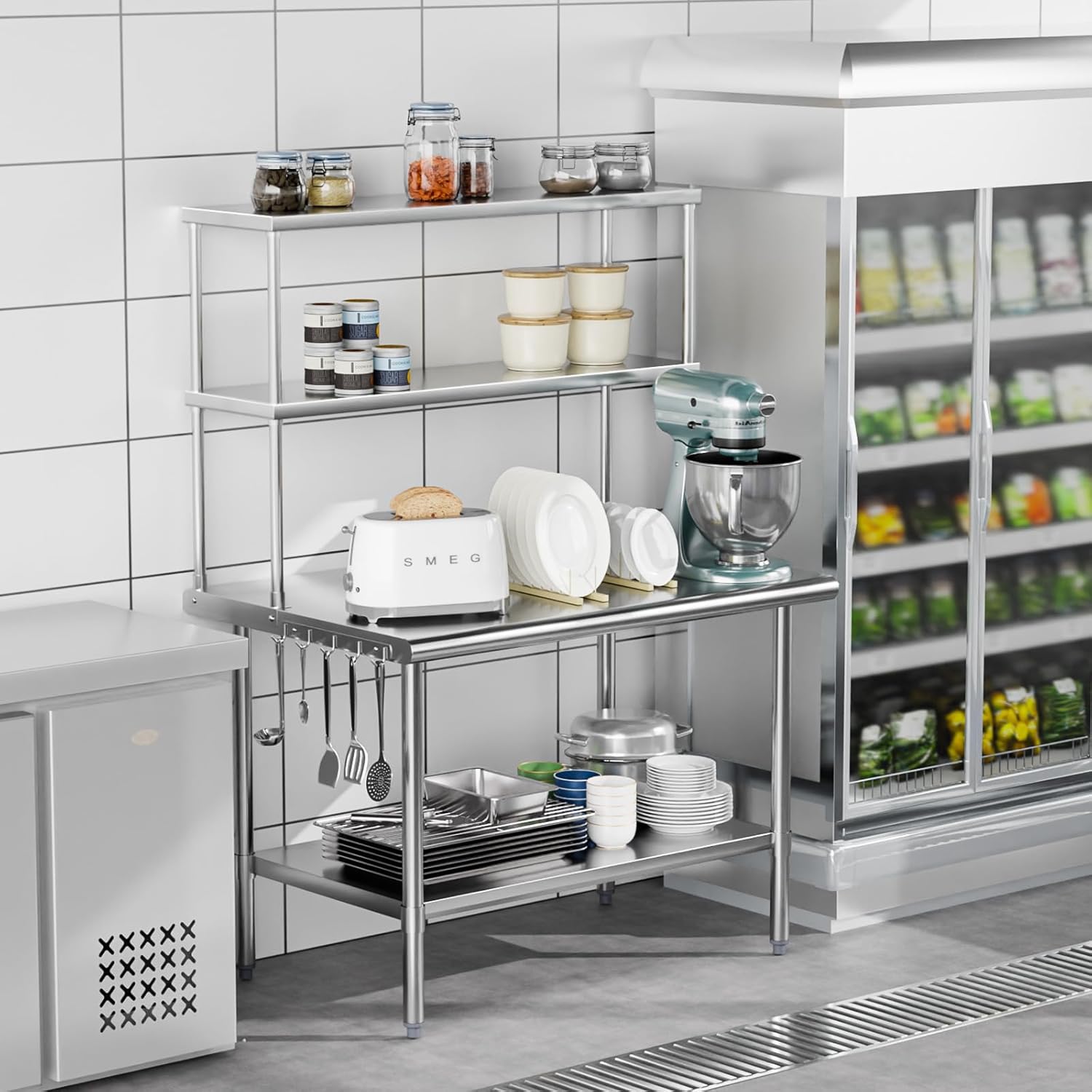 Left. Winado - 48" x 30" Stainless Steel Prep Table Garage Work Table with Overshelf & Adjustable Undershelves & Hook & Rounded Edges - Silver.