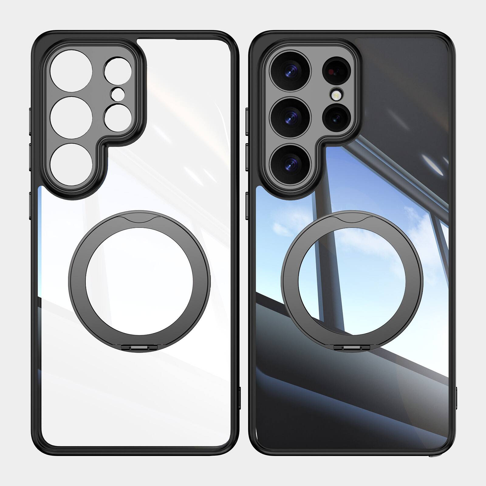 Left. Dteck - Magnetic Clear Case For Samsung Galaxy S26 Ultra, Shockproof Anti-Scratch 360° Ring Holder Stand PC+TPU Protection Cover - Black.