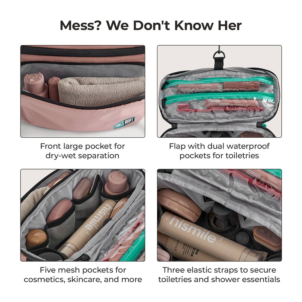 Mess? We Don't Know Her

Front large pocket for dry-wet separation

Flap with dual waterproof pockets for toiletries

Five mesh pockets for cosmetics, skincare, and more

Three elastic straps to secure toiletries and shower essentials
