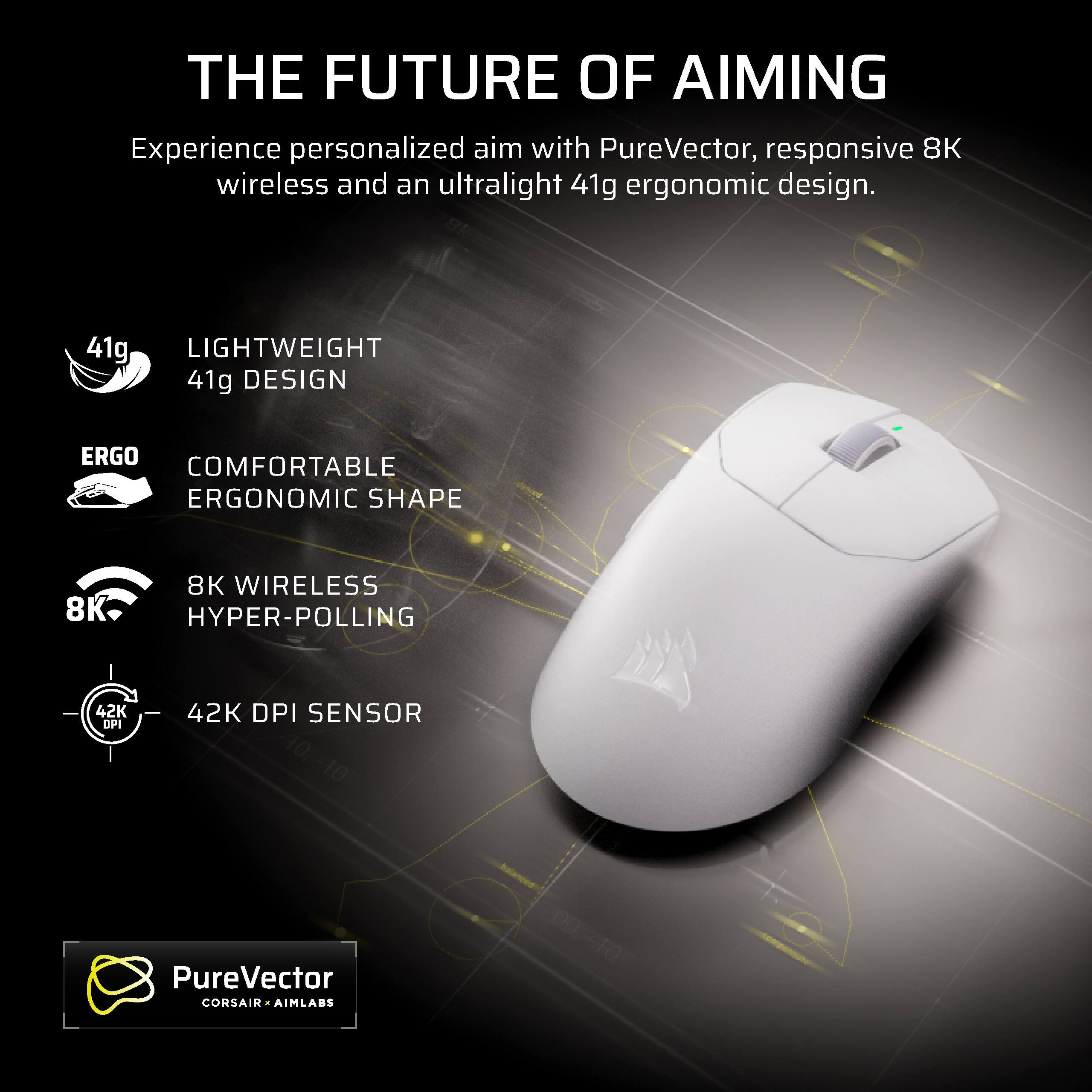 THE FUTURE OF AIMING

Experience personalized aim with PureVector, responsive 8K wireless and an ultralight 41g ergonomic design.

- 41g LIGHTWEIGHT DESIGN
- ERGO COMFORTABLE ERGONOMIC SHAPE
- 8K WIRELESS HYPER-POLLING
- 42K DPI SENSOR

PureVector
CORSAIR AIMLABS