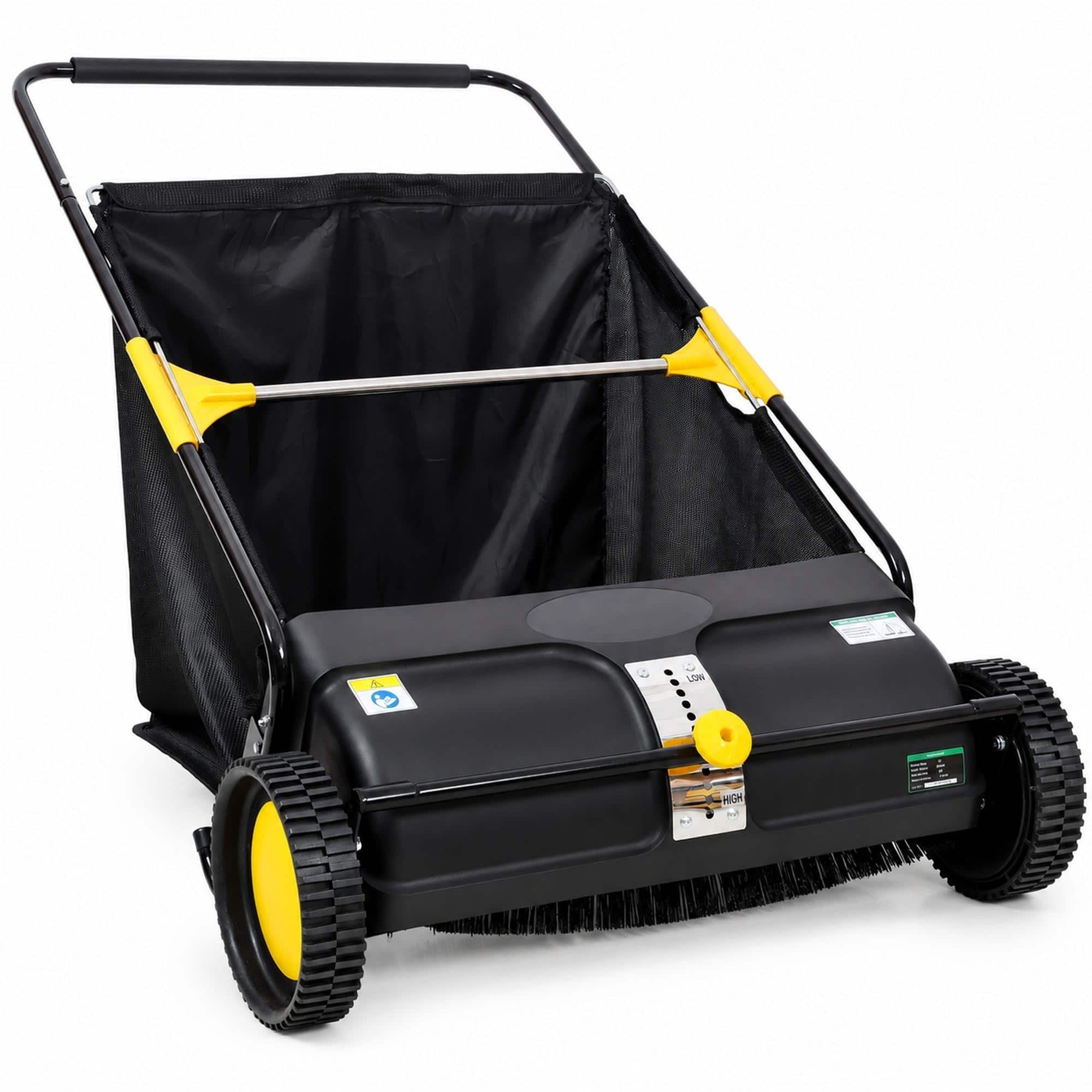 RYHNUYNE - Hand Push Lawn Sweeper, 26 Inch Leaf and Grass Collector, 7 cu ft Hopper Bag, Adjustable Brush Height - Black