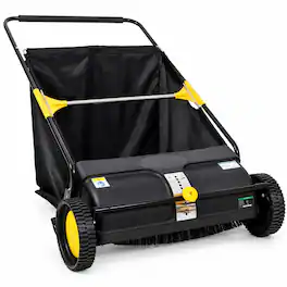 RYHNUYNE - Hand Push Lawn Sweeper, 26 Inch Leaf and Grass Collector, 7 cu ft Hopper Bag, Adjustable Brush Height - Black