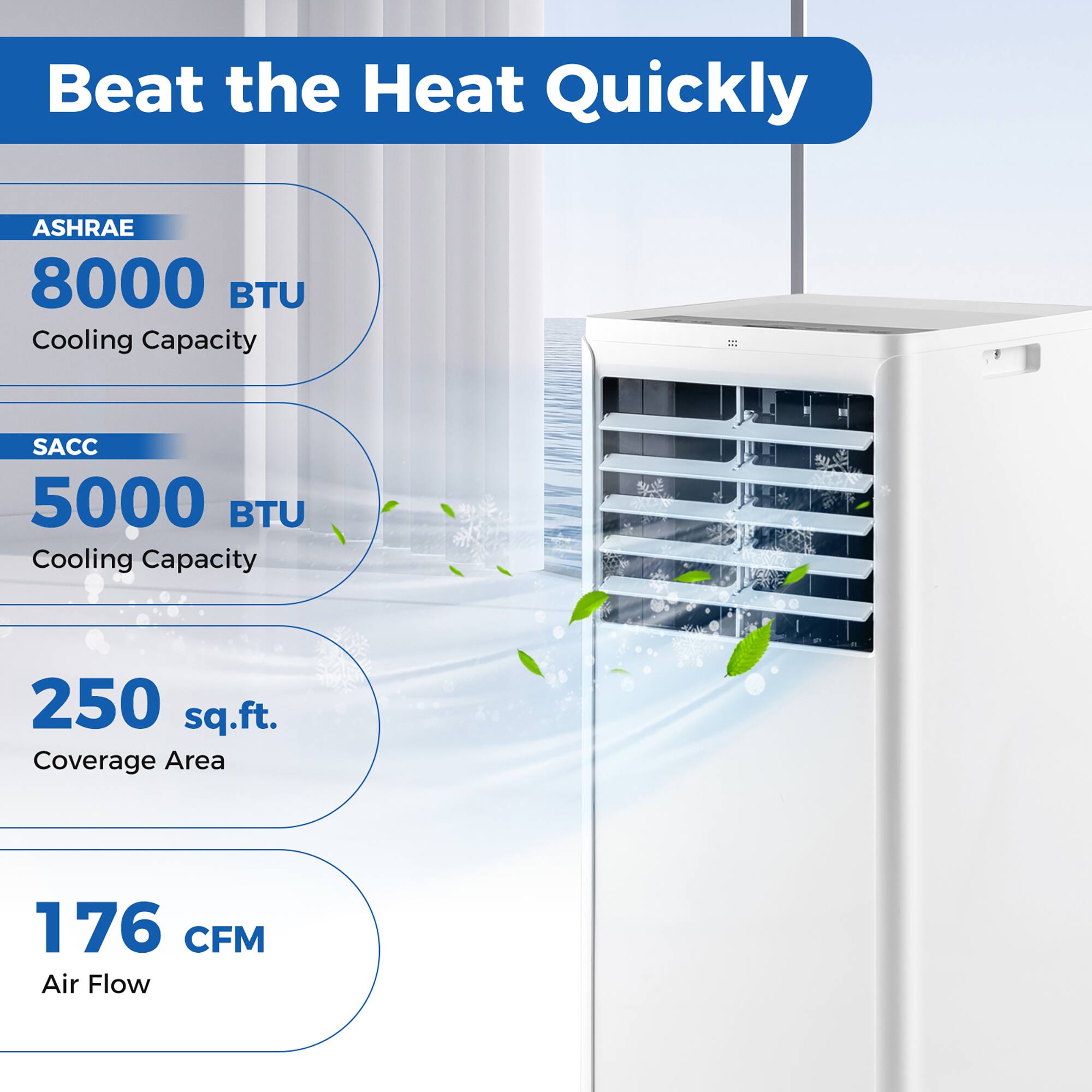 Beat the Heat Quickly

- ASHRAE 8000 BTU Cooling Capacity
- SACC 5000 BTU Cooling Capacity
- 250 sq.ft. Coverage Area
- 176 CFM Air Flow