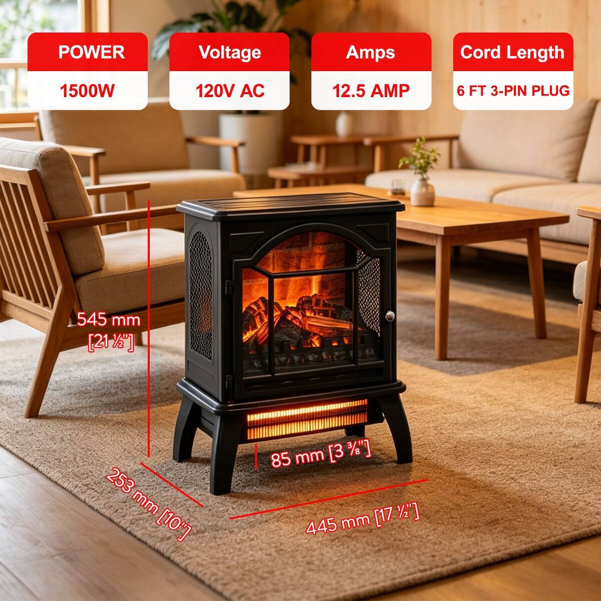 POWER  
1500W  

Voltage  
120V AC  

Amps  
12.5 AMP  

Cord Length  
6 FT 3-PIN PLUG  

Dimensions  
545 mm [21 1/4"]  
253 mm [10"]  
85 mm [3 1/4"]  
445 mm [17 1/2"]