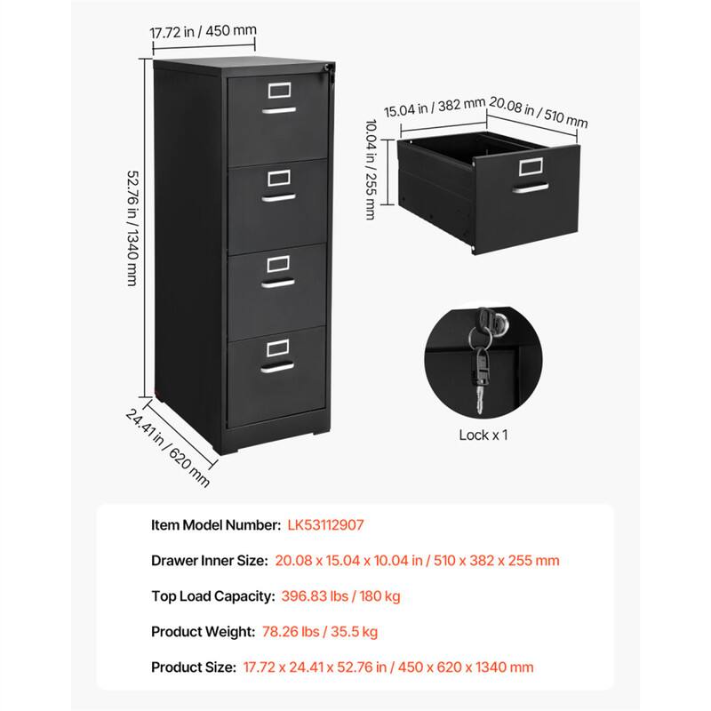 17.72 in / 450 mm  
52.76 in / 1340 mm  
24.41 in / 620 mm  

Item Model Number: LK53112907  
Drawer Inner Size: 20.08 x 15.04 x 10.04 in / 510 x 382 x 255 mm  
Top Load Capacity: 396.83 lbs / 180 kg  
Product Weight: 78.26 lbs / 35.5 kg  
Product Size: 17.72 x 24.41 x 52.76 in / 450 x 620 x 1340 mm  

Lock x 1