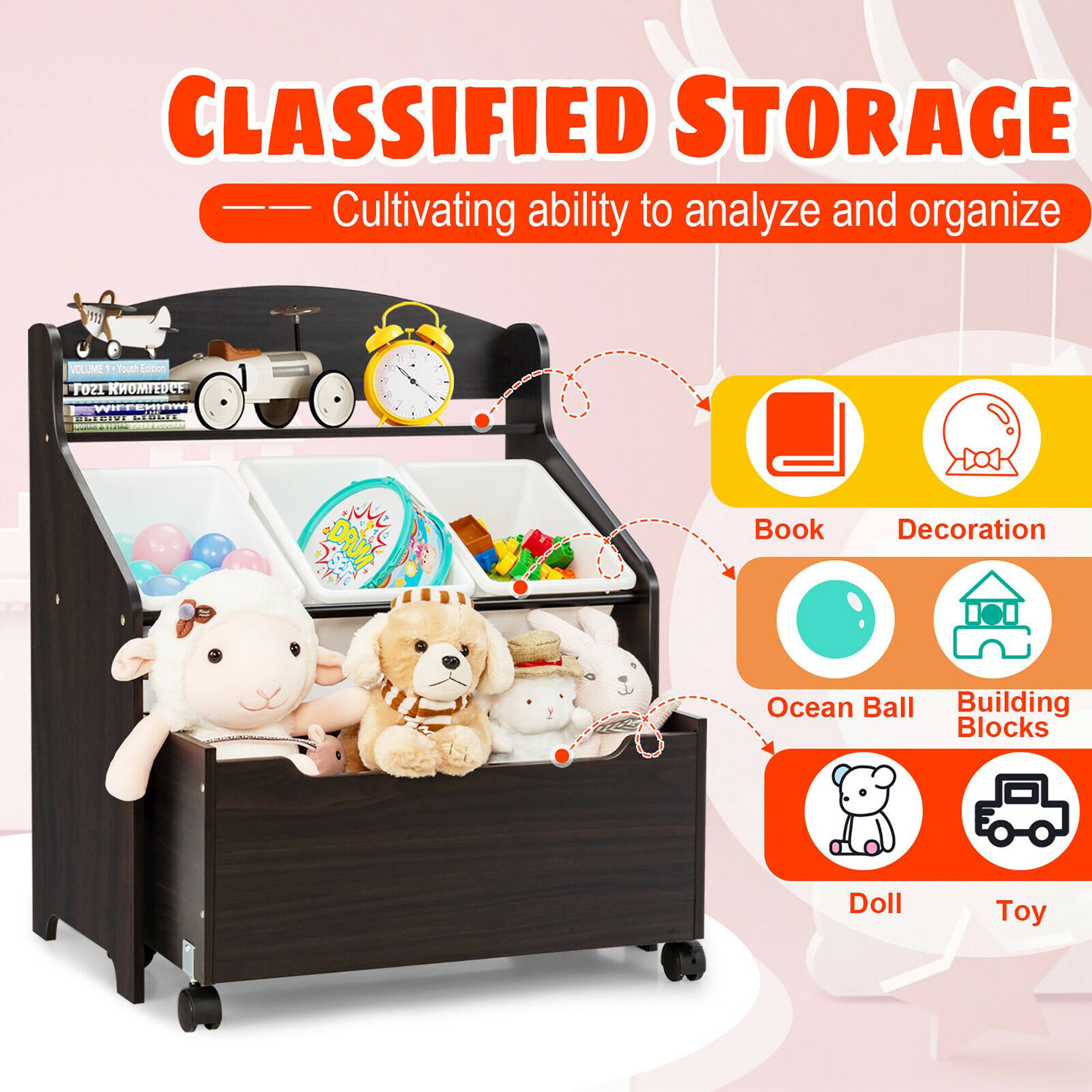 CLASSIFIED STORAGE  
Cultivating ability to analyze and organize  

- Book  
- Decoration  
- Ocean Ball  
- Building Blocks  
- Doll  
- Toy