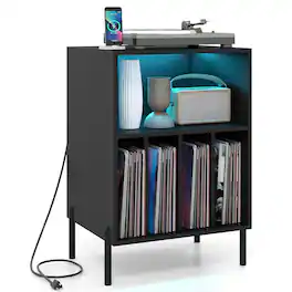 Ecooso - Record Player Stand with LED Light and Charging Station, Turntable Table with Outlets - Black