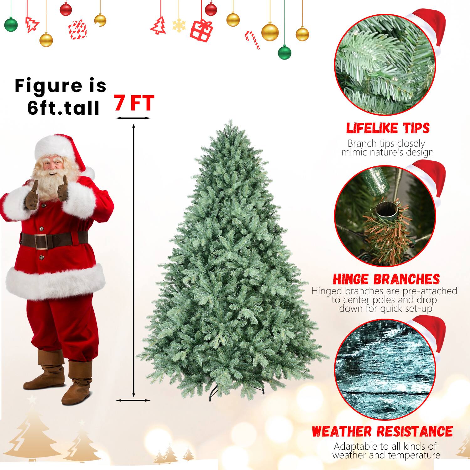 - Figure is 6ft. tall
- 7 FT
- LIFELIKE TIPS: Branch tips closely mimic nature's design
- HINGE BRANCHES: Hinged branches are pre-attached to center poles and drop down for quick set-up
- WEATHER RESISTANCE: Adaptable to all kinds of weather and temperature