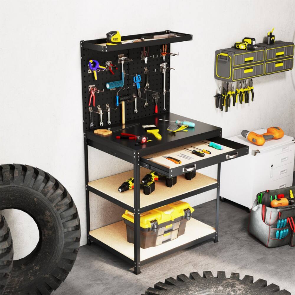 Alt View 3. SKONYON - 32 x 16 Inch Heavy Duty Workbench with Pegboard Drawer and Shelves.