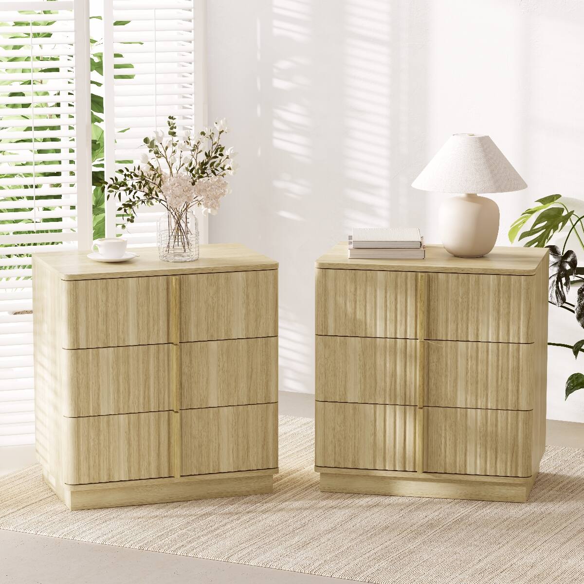 Angle. Loheer - Loheer Three Drawer Nightstand Set of Two Natural MDF Vertical Stripe Bedroom Furniture - Natural.
