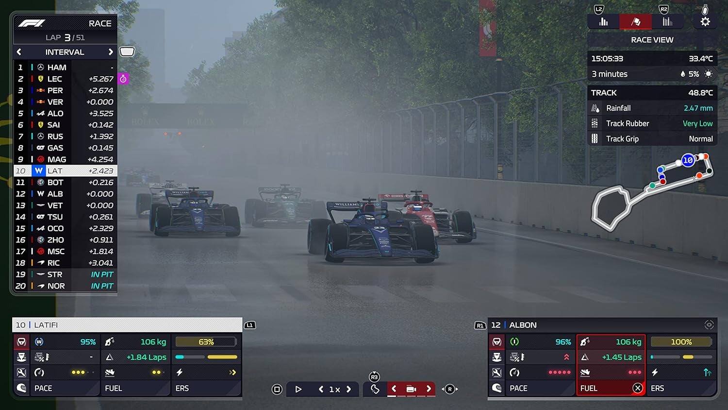 LZ RZ 1 2 3 4 5 6 7 8 9 10 11 12 13 14 15 16 17 18 19 20

RACE LAP 3

INTERVAL

1 HAM +5.267
2 LEC +0.000
3 PER +2.674
4 ALO +3.525
5 SAI +0.142
6 RUS +1.392
7 GAS +0.145
8 MAG +4.254
9 LAT +2.423
10 BOT +0.216
11 ALB +0.000
12 VET +0.000
13 TSU +0.261
14 OCO +2.329
15 ZHO +0.911
16 MSC +1.814
17 RIC +3.041
18 STR IN PIT
19 NOR IN PIT

RACE VIEW

15: