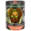 The image features a box containing a toy of Michelangelo, a character from the Teenage Mutant Ninja Turtles franchise. The box is orange and black, and it has a picture of Michelangelo on it. The toy is a collectible item, and it is part of a larger collection. The box also includes a phone holder, which is an added bonus for the collector.