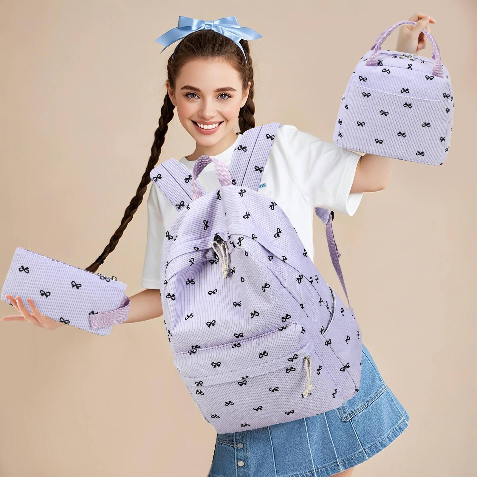 Alt View 1. Live At Space - Backpack For School Bag Bookbag Teen Set Daypack With Lunch And Pencil Case - Grid - Pink and White.