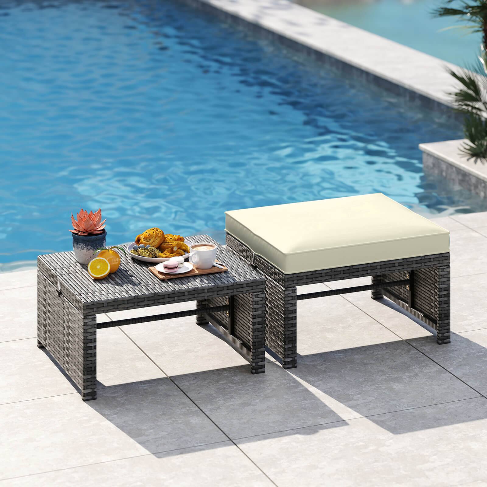 Alt View 3. Costway - Costway Patio Ottomans Set of 2 PE Rattan Footstools with Removable Cushions & Metal Frame White - White.