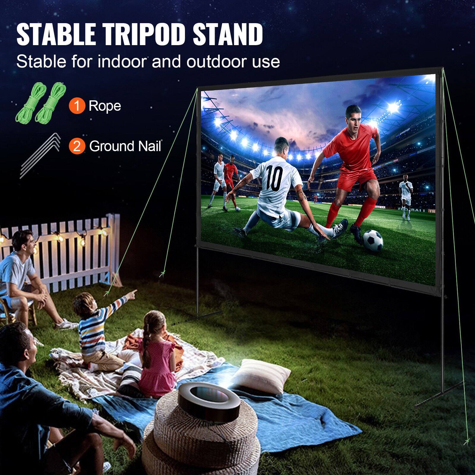 STABLE TRIPOD STAND  
Stable for indoor and outdoor use

1 Rope  
2 Ground Nail
