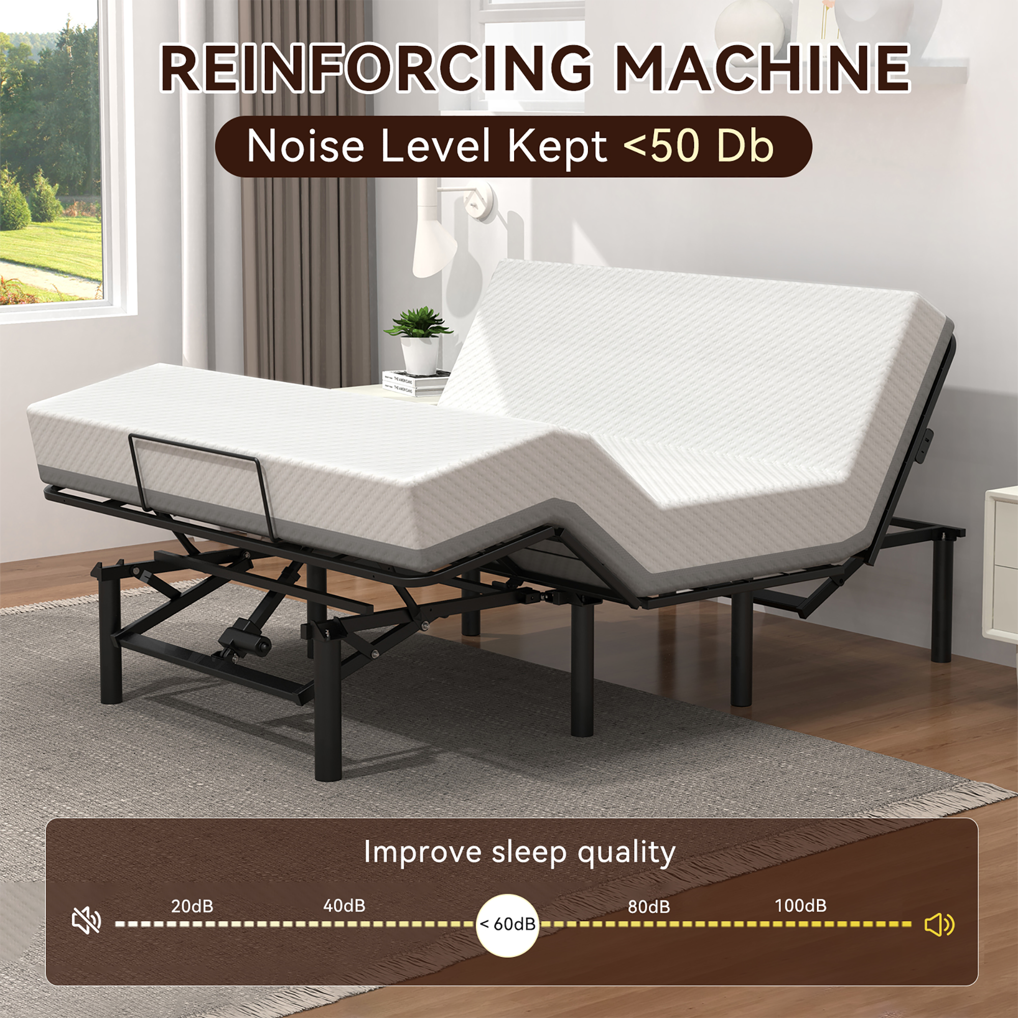 REINFORCING MACHINE  
Noise Level Kept <50 Db  

Improve sleep quality  
20dB 40dB 60dB 80dB 100dB