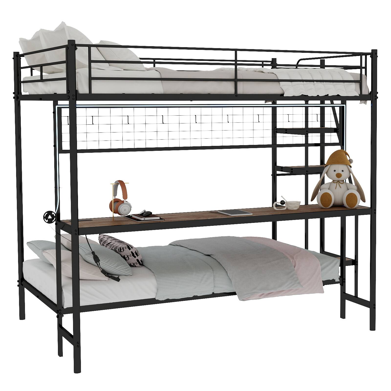 Alt View 1. Loheer - Loheer Full Over Twin Metal Bunk Bed with Desk and LED Lights Black Loft Bed Frame - Antique Black.