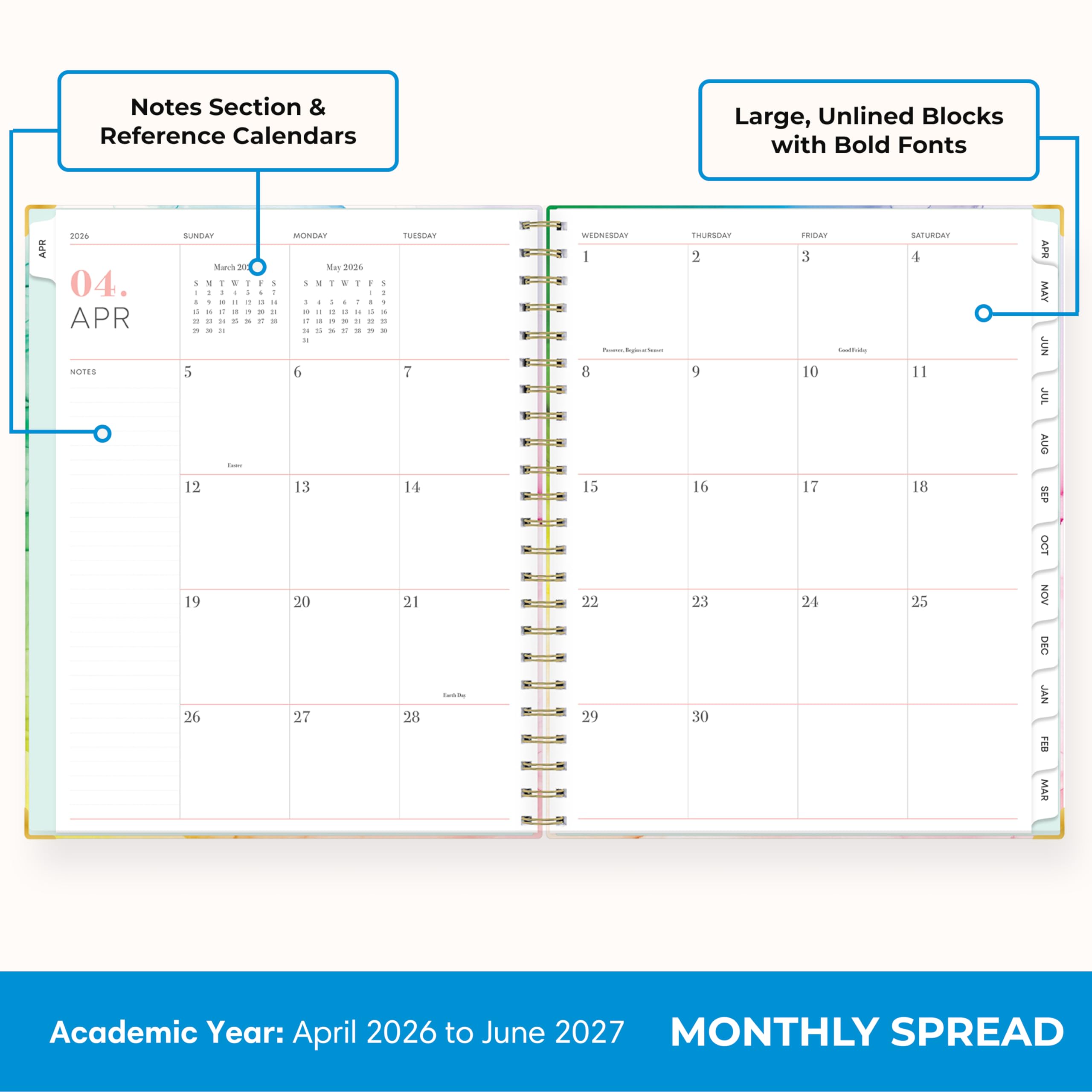 Notes Section & Reference Calendars  
Large, Unlined Blocks with Bold Fonts  

APR  
2036 04. APR NOTES  
SUNDAY March 2016  
MONDAY May 2006  
TUESDAY  
WEDNESDAY  
THURSDAY  
FRIDAY  
SATURDAY  

APR MAY JUN JUL AUG SEP OCT NOV DEC JAN FEB MAR  

Academic Year: April 2026 to June 2027  
MONTHLY SPREAD