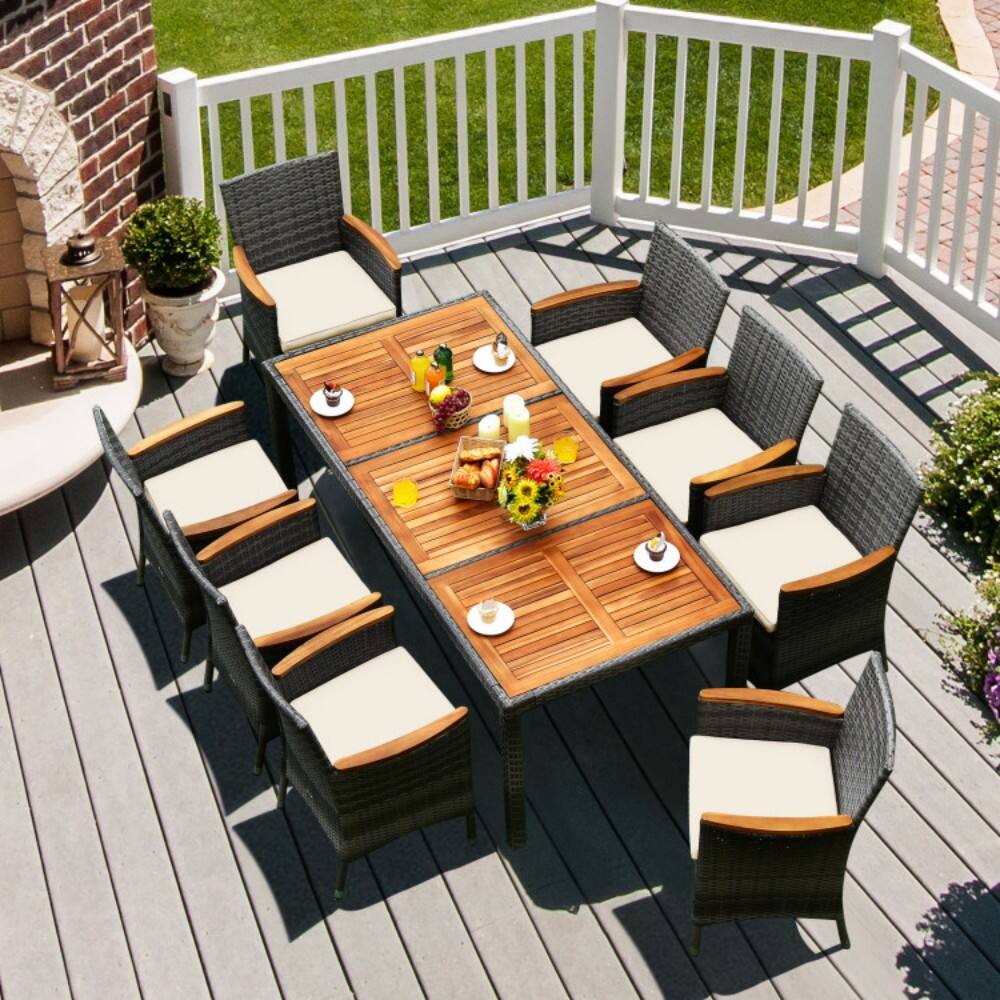 Angle. Mondawe - 9 Pieces Rattan Patio Dining Set with Acacia Wood Table and Cushioned Chair - Mix grey.