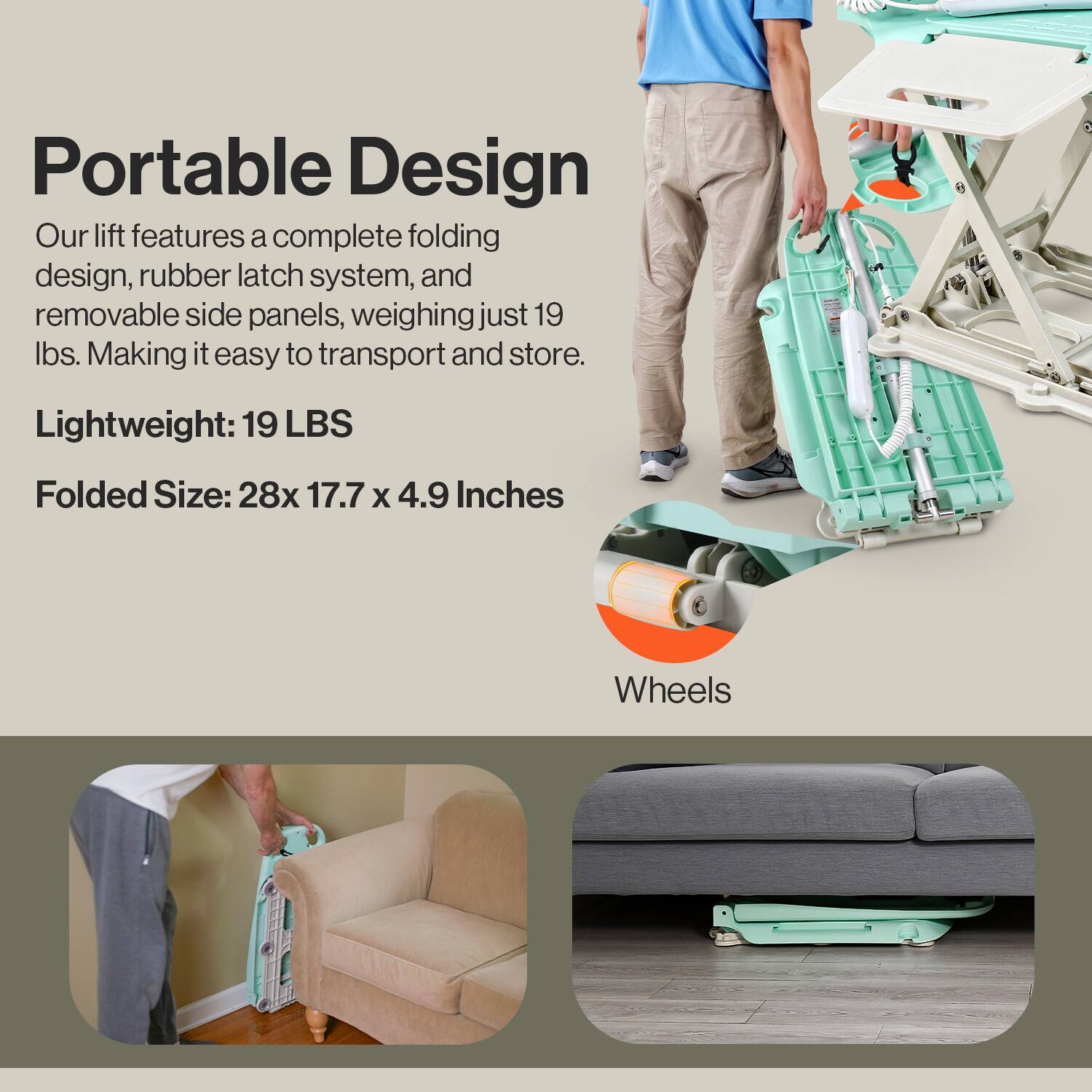 Portable Design
Our lift features a complete folding design, rubber latch system, and removable side panels, weighing just 19 lbs. Making it easy to transport and store.
Lightweight: 19 LBS
Folded Size: 28x 17.7 X 4.9 Inches
Wheels