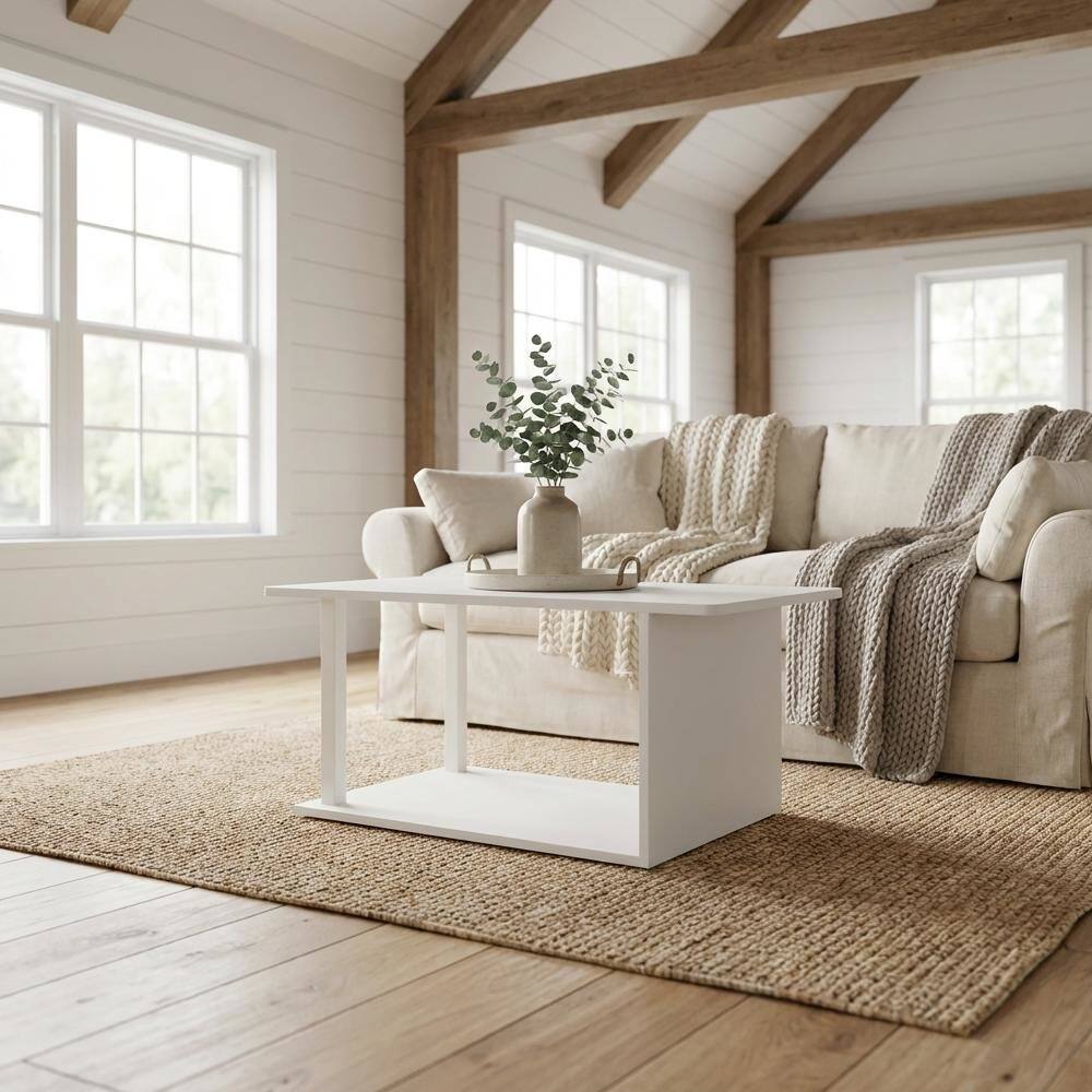 Angle. FurniFact - White Coffee Table with Modern Minimalist Design and Durable Construction - White, White.