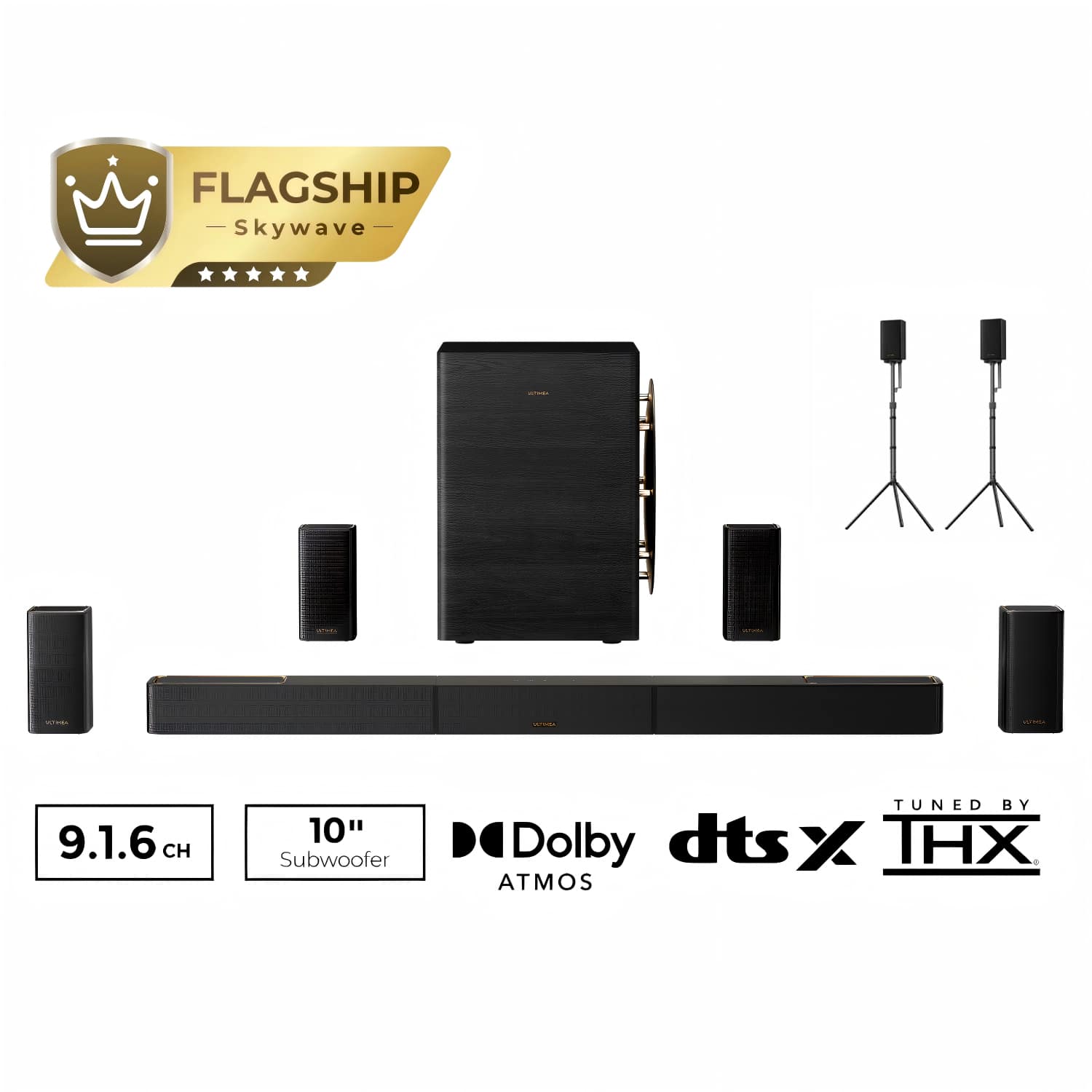 Ultimea - Skywave Series 9.1.6 Wireless Sound Bar, 10" Subs, THX-Tuned, Dolby Atmos, DTS:X, 18Hz Low Frequency, 1500W + Stand - Black