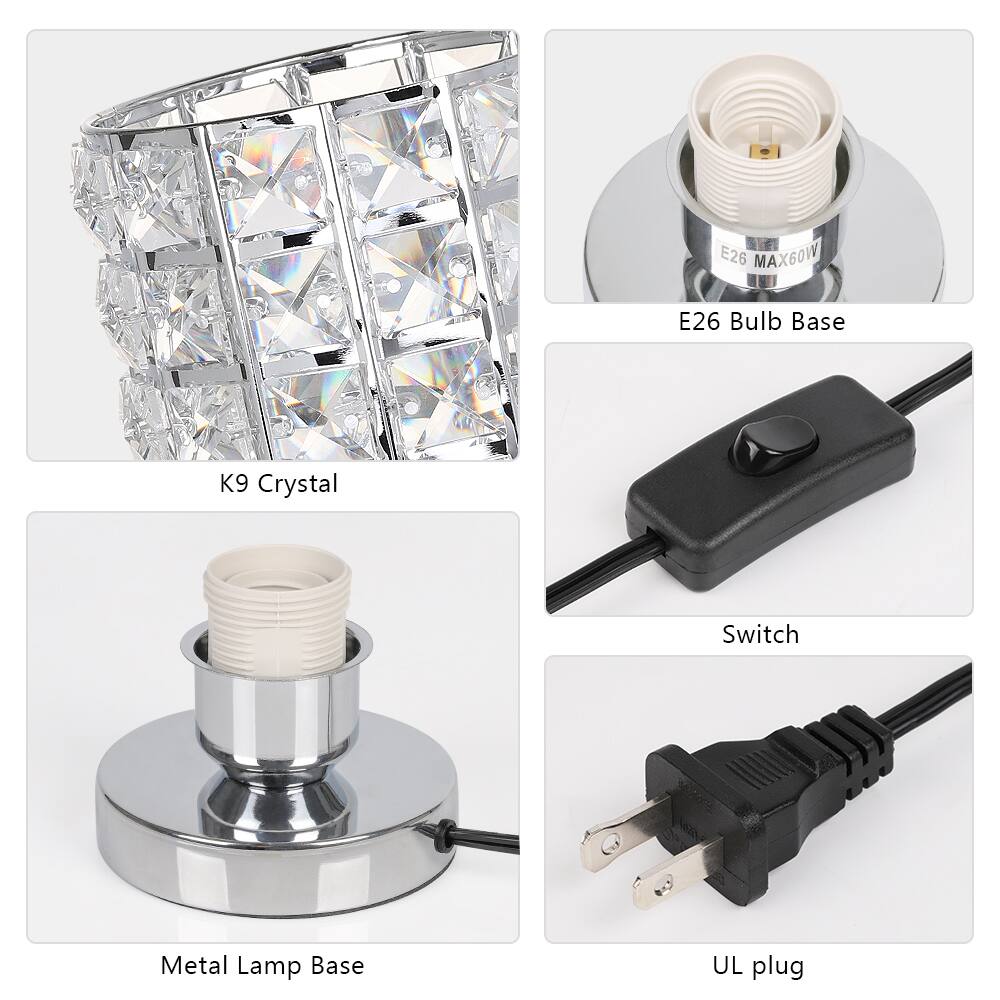 E26 MAX60W  
E26 Bulb Base  
K9 Crystal  
Metal Lamp Base  
Switch  
UL plug