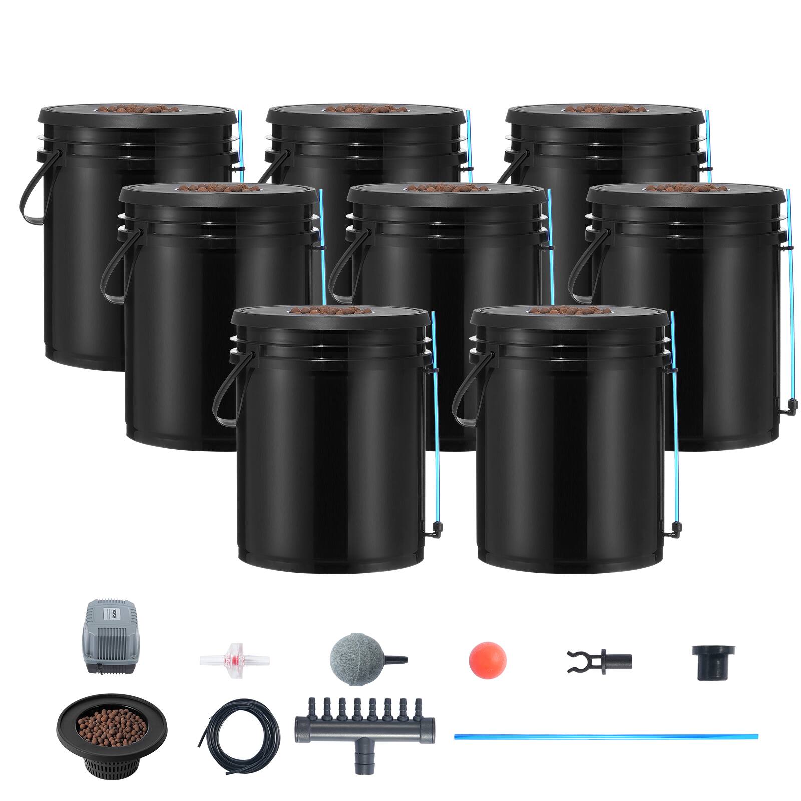 Alt View 5. VEVOR - DWC Hydroponic System, 5 Gallon 8 Buckets, Deep Water Culture Growing Bucket, Hydroponics Grow Kit with Pump - Black.