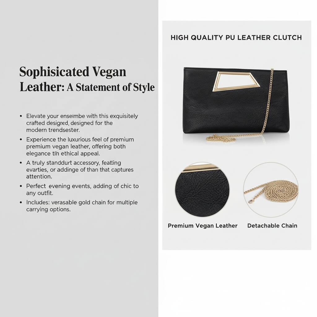 **Sophisticated Vegan Leather: A Statement of Style**

- Elevate your ensemble with this exquisitely crafted design, designed for the modern trendsetter.
- Experience the luxurious feel of premium vegan leather, offering both elegance and ethical appeal.
- A truly standout accessory, featuring details or adding of that captures attention.
- Perfect for evening events, adding a chic touch to any outfit.
- Includes: versatile gold chain for multiple carrying options.

**HIGH QUALITY PU LEATHER CLUTCH**

- Premium Vegan Leather
- Detachable Chain