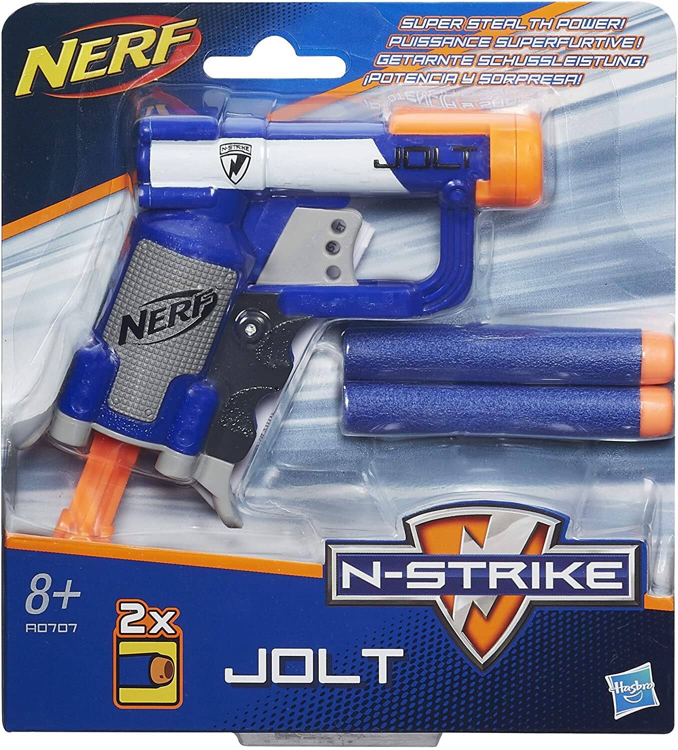 NERF  
SUPER STEALTH POWER!  
PUISSANCE SUPERFURTE!  
GETARANTE SCHUSSLEISTUNG!  
POTENCIA Y SORPRESA!  

N-STRIKE  
JOLT  

8+  
A0707  

2x JOLT  

Hasbro