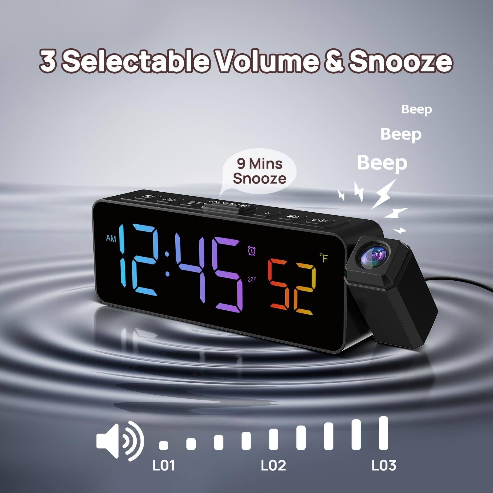 3 Selectable Volume & Snooze

9 Mins Snooze

AM 12:45

52°F

LO1 LO2 LO3