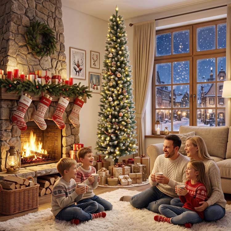 PULUZ 8ft Pencil Prelit Christmas Tree, Dual Color, Flocked White and ...