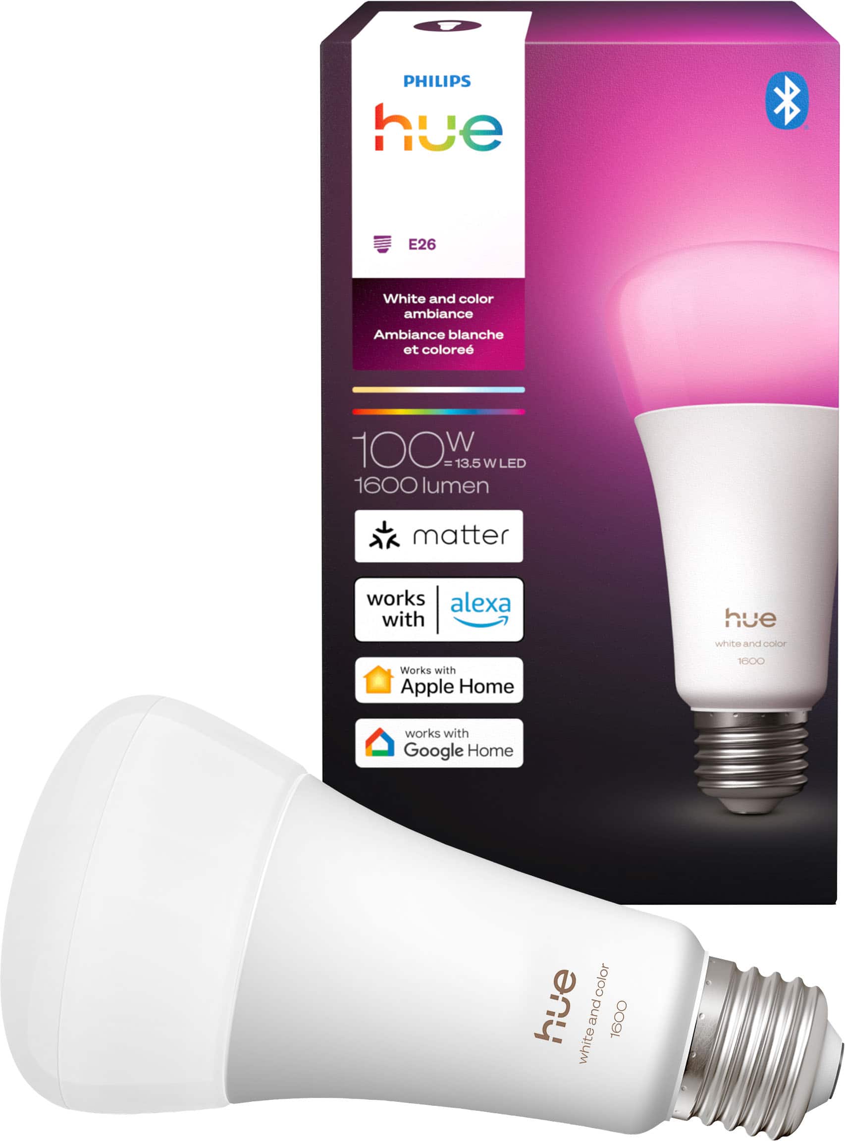 Philips - Hue A21 Bluetooth 100W Smart LED Bulb - White and Color Ambiance - Front_Zoom