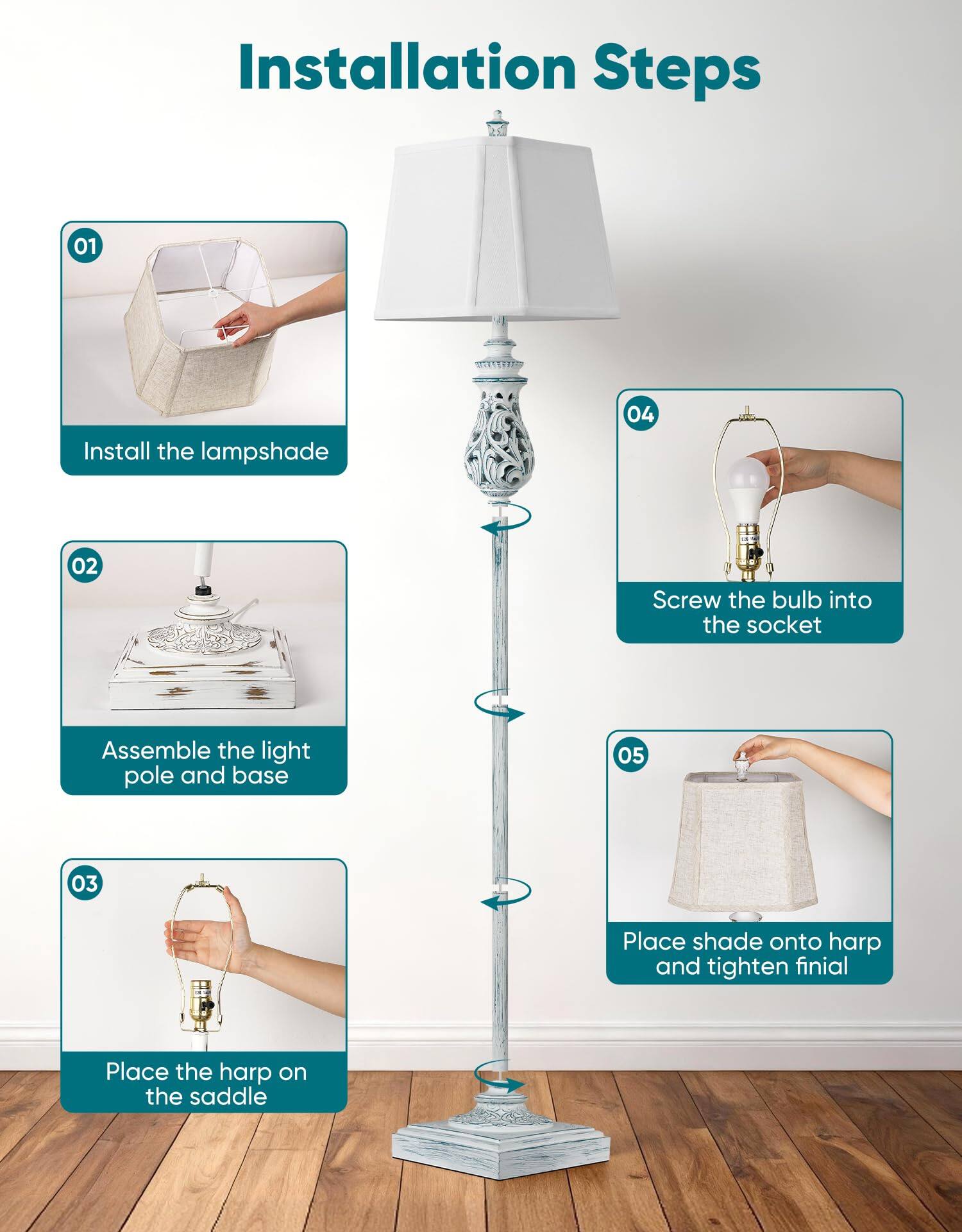 Installation Steps

01. Install the lampshade

02. Assemble the light pole and base

03. Place the harp on the saddle

04. Screw the bulb into the socket

05. Place shade onto harp and tighten finial